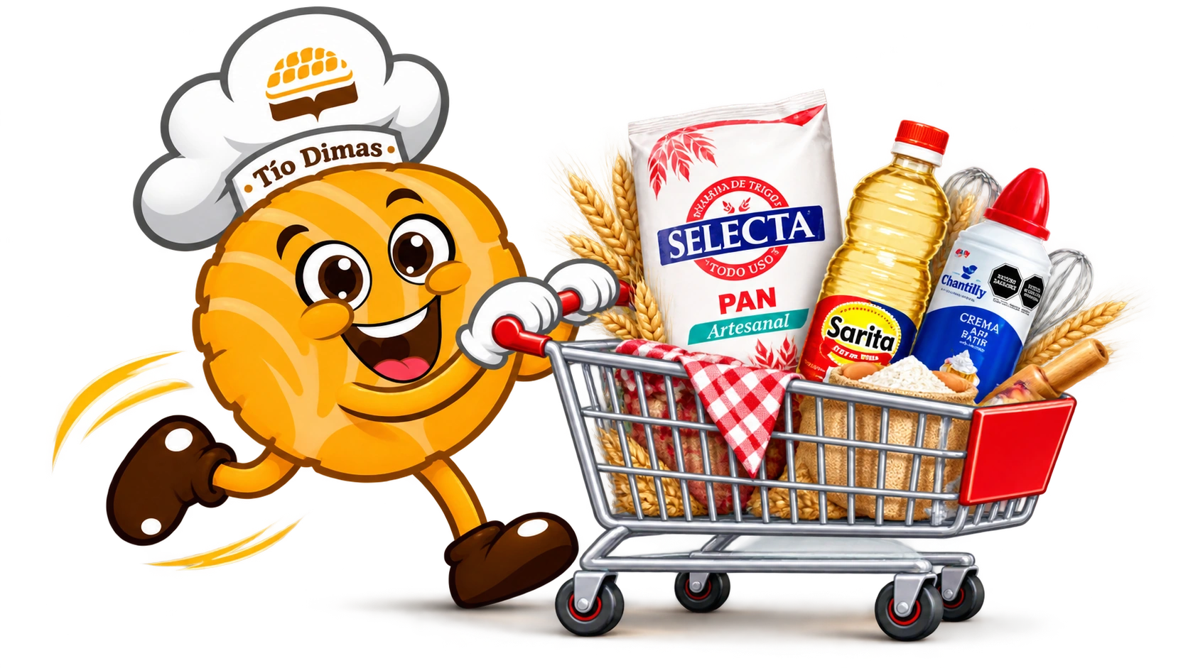Tío Dimas con carrito de productos del catálogo